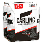 Carling - Original Lager (4% ABV), 4 x 440ml cans, with a red £5.49 price label on the pack. Enjoy this crisp, refreshing lager—perfect for any occasion.